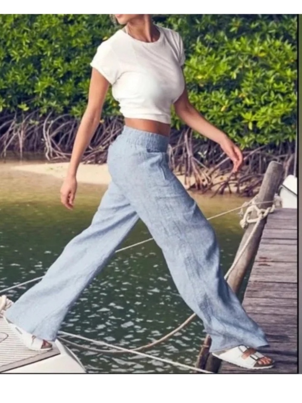 Athleta Cabo Linen Wide Leg Pants Light Blue Heather Size 4